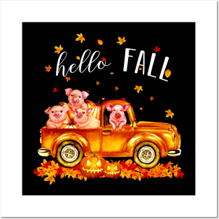 Pigs Hello Fall - Pigs In Car Pumpkin Halloween T-shirt Pigs Autunm Gift Posters and Art